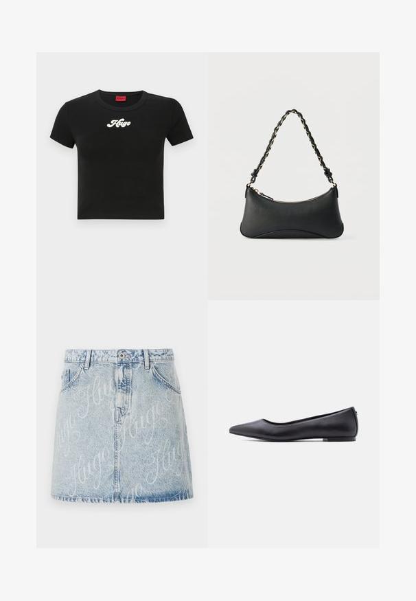 Schwarzes, kurzes T-Shirt aus Baumwolle mit einem weißen Schriftzug "Hugo" auf der Brust und einem runden Ausschnitt. Kurze Ärmel.; Hellblauer Denimrock mit ausgewaschenem Finish, ausgestattet mit einem Knopfverschluss vorne und einem all-over "Hugo" Logo-Muster. Fünf-Taschen-Design.; Schwarzer flacher Lederschuh mit spitzer Kappe und niedrigem Absatz, seitlich vor weißem Hintergrund gezeigt.; Schwarze Lederschultertasche mit gewölbter rechteckiger Form, goldener Kette, die in den geflochtenen schwarzen Riemen eingewebt ist, und Reißverschlussverschluss oben.