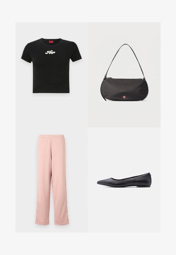 Schwarzes, kurzes T-Shirt aus Baumwolle mit einem weißen Schriftzug "Hugo" auf der Brust und einem runden Ausschnitt. Kurze Ärmel.; Helle rosa, weit geschnittene Hose aus weichem Stoff, mit einem dezenten geprägten Muster und dekorativen Knöpfen entlang der Seitennaht.; Schwarzer flacher Lederschuh mit spitzer Kappe und niedrigem Absatz, seitlich vor weißem Hintergrund gezeigt.; Schwarze Schultertasche mit geschwungener Form, Reißverschluss, schlankem Griff und kleinem roten Herz-Logo mit der Aufschrift "HUGO" in der Mitte vorne.