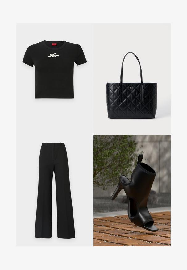Schwarzes, kurzes T-Shirt aus Baumwolle mit einem weißen Schriftzug "Hugo" auf der Brust und einem runden Ausschnitt. Kurze Ärmel.; Schwarze weite Hosen mit maßgeschneidertem Design, das eine glatte Textur und subtile Falten an der Vorderseite aufweist. Keine sichtbaren Beschläge oder Muster.; Schwarzer hochhackiger Mule-Schuh mit offenem Zehenbereich und ausgeschnittenen Seiten, draußen auf Holzbrettern mit unscharfem grünem Laub im Hintergrund gezeigt.; Schwarze, gesteppten Tragetasche mit glatter Lederoberfläche, die über ein Rautenmuster, zwei lange Tragegriffe und ein kleines Logo auf der Vorderseite verfügt.