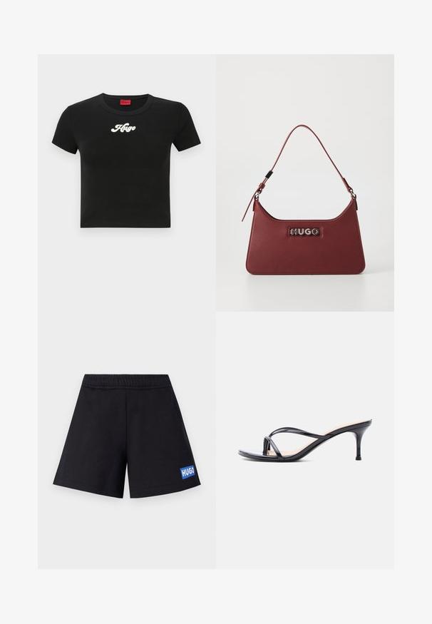 Schwarzes, kurzes T-Shirt aus Baumwolle mit einem weißen Schriftzug "Hugo" auf der Brust und einem runden Ausschnitt. Kurze Ärmel.; Schwarze Shorts mit entspannter Passform, elastischem Bund und blauem "HUGO"-Logo am linken Oberschenkel; aus weichem, atmungsaktivem Material.; Schwarze Peeptoe-Sandale aus Lackleder mit dünnen, gekreuzten Riemen und einem schlanken, mittelhohen Stilettoabsatz vor weißem Hintergrund.; Kleine rechteckige burgunderfarbene Lederhandtasche mit verstellbarem Riemen und silberner "HUGO"-Logoplatte auf der Vorderseite.
