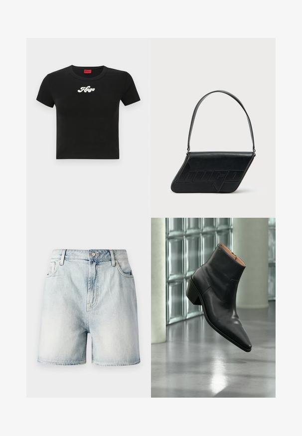 Schwarzes, kurzes T-Shirt aus Baumwolle mit einem weißen Schriftzug "Hugo" auf der Brust und einem runden Ausschnitt. Kurze Ärmel.; Hellblaue Jeansshorts mit einem Knopfverschluss, fünf Taschen und einer verwaschenen Textur. Gerader Schnitt mit klassischem Design.; Schwarzer Leder-Stiefelette mit spitzer Schuhspitze und Blockabsatz, der über einem reflektierenden grauen Boden nahe einer Glassteinwand schwebt.; Schwarze Leder-Umhängetasche mit dreieckiger Form, geprägt mit Logo und einem einzigen verstellbaren Riemen. Minimalistisches Design mit glatter Textur.