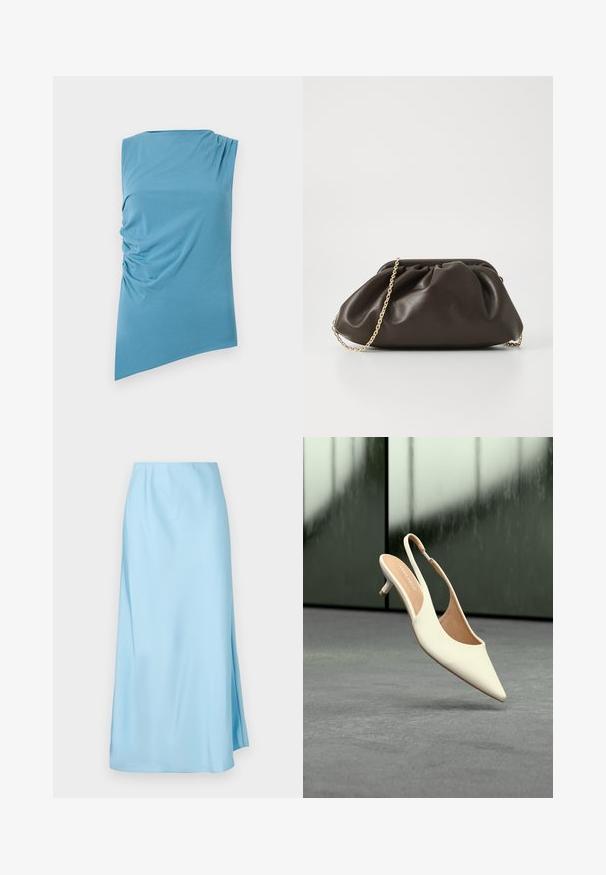 Haut bleu à une épaule sans manches avec ourlet asymétrique et détail de tissu froncé sur le côté gauche.; Jupe midi bleu clair avec une texture lisse, dotée d'une légère fente latérale et d'une ceinture élastique pour le confort et la facilité de port.; Chaussure femme beige à bout pointu avec bride arrière et petit talon kitten, flottant au-dessus d'un sol gris sur fond sombre flou.; Sac à main en cuir marron avec un design froncé, une bandoulière en chaîne dorée et une finition douce et texturée. Sa forme compacte est idéale pour une utilisation en soirée.
