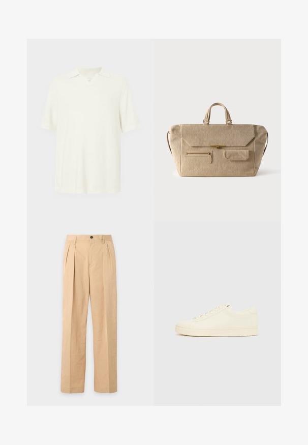 Kurzärmeliges Poloshirt in hellecreme Farbe, aus strukturiertem Stoff, mit V-Ausschnitt und klassischem Kragen.; Beige plissierte Hose mit Knopf- und Reißverschluss, Gürtelschlaufen und geraden, weiten Beinen.; Cremefarbener Sneaker mit glattem Lederoberteil, abgerundeter Zehenpartie, Schnürung vorne und strukturierter Gummisohle. Minimalistisches Design, ohne Logos.; Beige Cordtasche aus Cord mit zwei Griffen, Überschlagverschluss, vorderer Reißverschlusstasche und kleiner Überschlagtasche vor weißem Hintergrund.