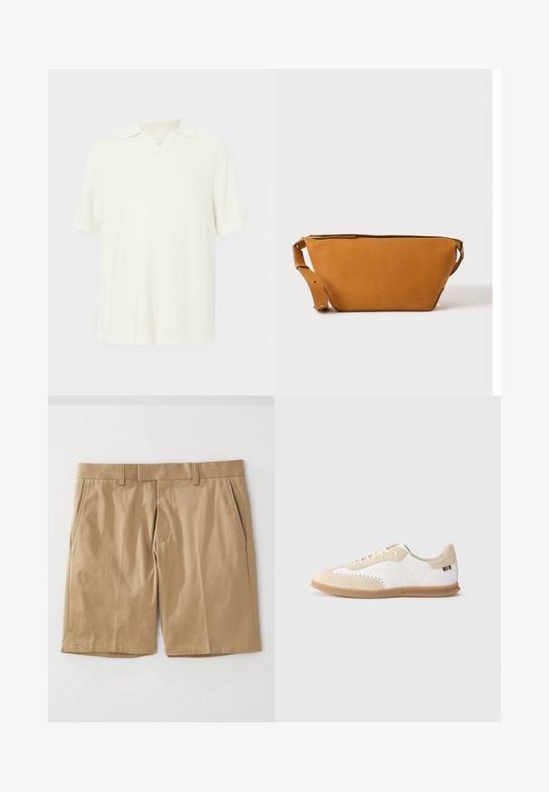 Kortærmet polo skjorte i lys cremefarve, lavet af struktureret stof, med v-hals og klassisk krave design.; Khaki shorts med en glat, vævet tekstur, der har to sidelommer og en lige snit, designet med en flad talje og bæltestropper.; Hvid sneaker med lysebeige ruskindsdetaljer, perforeret detaljering, flade snørebånd og sål i gummigummi. Indeholder stribet branding på hælen.; Lys brun læder crossbody taske med justerbar rem og lynlås, vist mod en ensartet lys baggrund.