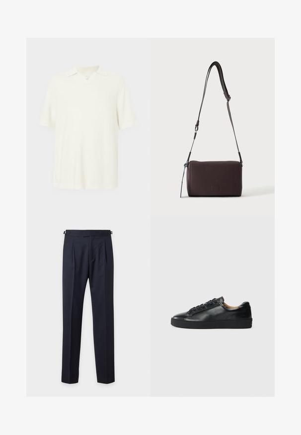 Kurzärmeliges Poloshirt in hellecreme Farbe, aus strukturiertem Stoff, mit V-Ausschnitt und klassischem Kragen.; Marineblaue, maßgeschneiderte Bundfaltenhose mit verstellbaren seitlichen Riegeln und schlanker, gerader Beinform vor einfachem hellem Hintergrund.; Schwarze Leder-Sneaker mit glatter Textur, runder Zehenpartie und Schnürverschluss. Verfügt über eine dicke Gummisohle und minimalistische Marken-Details.; Dunkelbraune, strukturierte Leder-Crossbody-Tasche mit verstellbarem Riemen und kleinem dekorativen blauen Akzent an der Seite.
