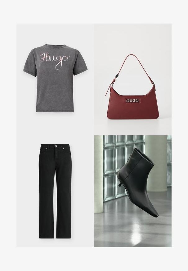 T-shirt en coton gris à col rond et manches courtes, avec un logo "Hugo" en cursive rose sur la poitrine. Texture douce et design décontracté.; Jean noir droit avec fermeture avant par bouton et zip, design cinq poches et passants pour ceinture.; Bottine en cuir noir à bout pointu et petit talon kitten, présentée en angle devant un sol poli et un mur en blocs de verre.; Petit sac à main rectangulaire en cuir bordeaux avec une bandoulière ajustable et une plaque logo « HUGO » en argent à l'avant.
