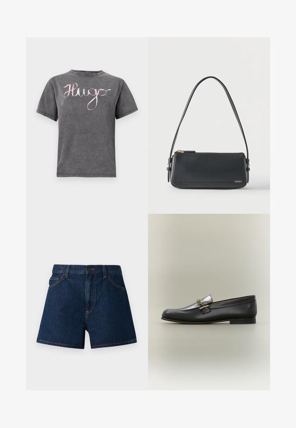 Grijze katoenen T-shirt met een ronde hals en korte mouwen, met een roze cursieve "Hugo" logo over de borst. Zachte textuur en casual ontwerp.; Donkerblauwe denim shorts. Voorzien van een klassieke snit met een tailleband, voorzakken en zichtbare naden. Soepele textuur, minimalistisch ontwerp.; Zwarte leren loafer met zilveren bovenkant, gouden kettingdetail, lage hak en afgeronde neus op een neutrale achtergrond.; Zwarte rechthoekige lederen schoudertas met gouden ritssluiting en klein goudkleurig "HUGO"-logo aan de voorkant, voorzien van een verstelbare riem met gesp.