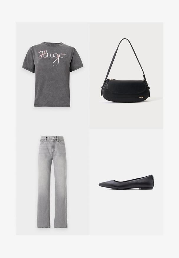 T-shirt en coton gris à col rond et manches courtes, avec un logo "Hugo" en cursive rose sur la poitrine. Texture douce et design décontracté.; Jean en denim gris clair avec une taille haute, une coupe droite, un léger délavage et un style classique à cinq poches. Fermeture à bouton en métal et zip.; Chaussure plate en cuir noire à bout pointu avec petit talon, vue de profil sur fond blanc.; Sac à épaule en cuir noir avec rabat incurvé, logo doré "HUGO" sur le devant, et une bandoulière réglable.
