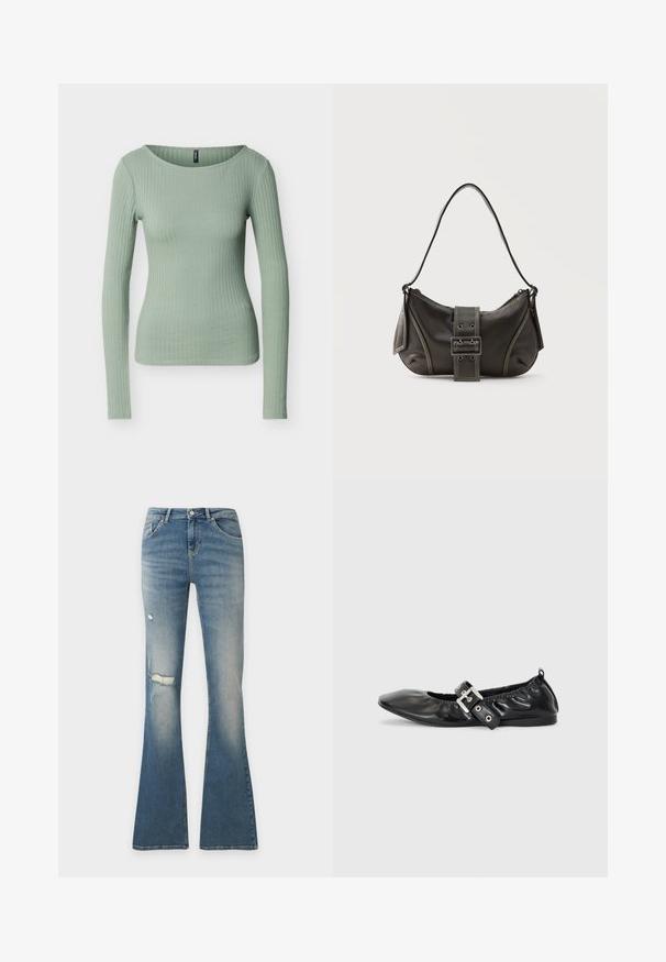 Haut ajusté à manches longues côtelé de couleur vert clair avec un col rond, présenté sur un fond blanc uni.; Jean flare en denim bleu avec des détails usés sur la cuisse et le genou gauches, bouton à l'avant et coupe à cinq poches.; Chaussure plate en cuir noir avec un nez pointu, des détails froncés autour de l'ouverture et un accent en boucle argentée sur la bride ajustable.; Sac à épaule en cuir noir avec une sangle à boucle, des bords arrondis et des coutures blanches contrastées sur un fond uni.