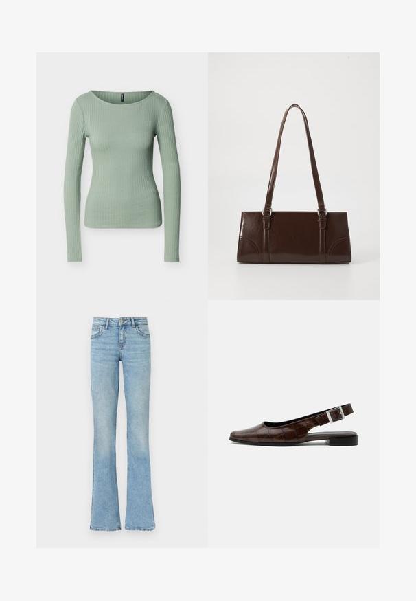 Haut ajusté à manches longues côtelé de couleur vert clair avec un col rond, présenté sur un fond blanc uni.; Jean en denim bleu clair avec une taille haute et des jambes évasées, doté de poches avant, passants pour ceinture et fermeture par bouton.; Chaussure plate slingback en cuir marron foncé avec bout carré, texture crocodile et boucle argentée sur la bride.; Sac à main en cuir verni marron de forme rectangulaire, avec deux longues poignées et des accents courbés subtils à l'avant.