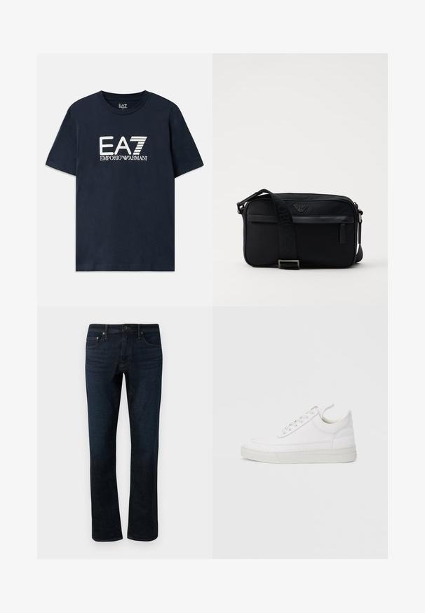 Blaues Baumwoll-T-Shirt mit kurzen Ärmeln und rundem Ausschnitt. Auf der Vorderseite befindet sich ein auffälliges weißes EA7 Emporio Armani-Logo.; Dunkelblaue Denim-Jeans mit geradem Bein, ausgestattet mit einem klassischen Fünf-Taschen-Design und subtilen Steppdetails.; Weißer Ledersneaker mit abgerundetem Zehenbereich, flacher Sohle und Schnürverschluss. Verfügt über Nahtdetails und einen gepolsterten Kragen für zusätzlichen Komfort.; Schwarze Nylon-Schultertasche mit einem kontrastierenden Riemen, schlanker rechteckiger Form, Logo-Detail und einer Reißverschlusstasche auf der Vorderseite.
