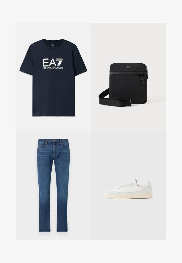 Modrá bavlnená tričko s krátkymi rukávmi a okrúhlym výstrihom. Na prednej strane sa nachádza výrazné biele logo EA7 Emporio Armani.; Modré riflové nohavice so strihom priamo na nohe, s klasickým dizajnom piatich vreciek a zapínaním na gombíky. Jemné blednutie cez textúru látky.; Biela teniska s jemne štruktúrovaným zvrškom zo semišu a kože. Má zaoblenú špičku, viazanie na šnúrky a kontrastnú béžovú gumovú podrážku.; Čierna štvorcová kabelka cez rameno so zipsom, predným vreckom a nastaviteľným popruhom s vyrazeným názvom značky.