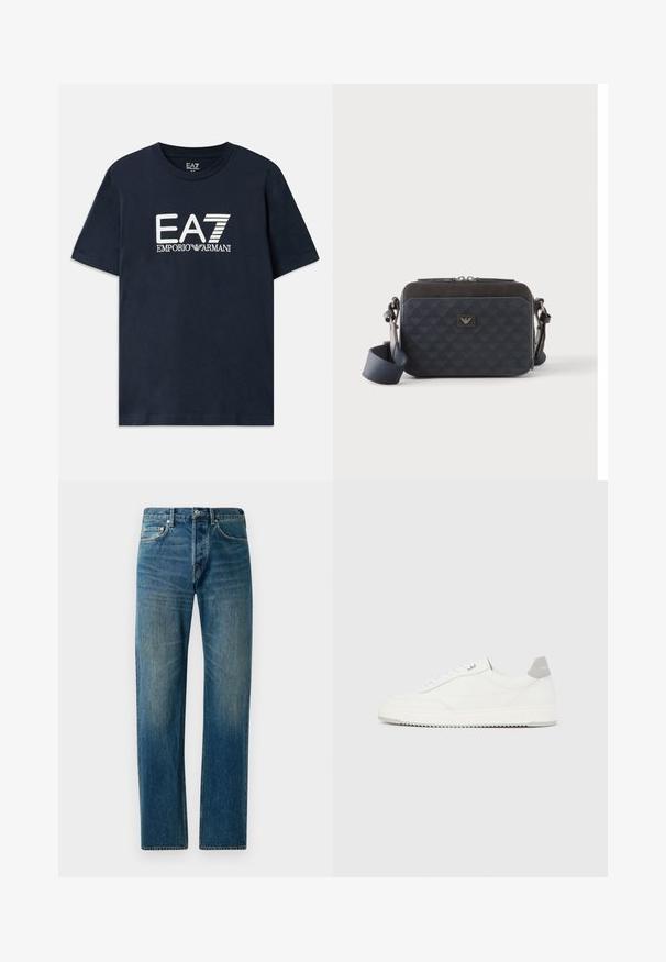 Blauwe katoenen T-shirt met korte mouwen en een ronde hals. Voorzien van een prominent wit EA7 Emporio Armani-logo op de voorkant.; Blauwe denim jeans met een recht gesneden ontwerp, voorzien van een vijf-pocketstijl, subtiele vervaging en contrasterende stikselaccenten.; Witte lage sneaker met grijze hielpatch, witte veters en een gestructureerde zool, gepresenteerd op een effen lichte achtergrond.; Rechthoekige donkerblauwe crossbodytas met verstelbare riem, ritssluiting en subtiel logopatroon op het voorpaneel.