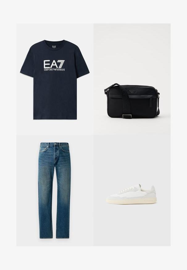 Camiseta de algodón azul con mangas cortas y escote redondo. Presenta un destacado logo blanco de EA7 Emporio Armani en la parte delantera.; Vaqueros de mezclilla azul con un diseño de pierna recta, que cuentan con un estilo de cinco bolsillos, un sutil desvanecimiento y acentos de costura en contraste.; Zapatilla blanca con parte superior texturizada de ante y cuero. Presenta una puntera redondeada, cierre con cordones y suela de goma beige contrastante.; Bolso de hombro negro de nailon con una correa de contraste, forma rectangular elegante, detalle del logo y un bolsillo con cremallera en la parte frontal.