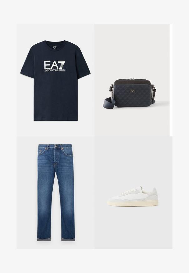 Modrá bavlnená tričko s krátkymi rukávmi a okrúhlym výstrihom. Na prednej strane sa nachádza výrazné biele logo EA7 Emporio Armani.; Pánske modré džínsy s rovnými nohavicami, zapínaním na gombíky, piatimi vreckami a ohrnutými lemami na bielom pozadí.; Biela teniska s jemne štruktúrovaným zvrškom zo semišu a kože. Má zaoblenú špičku, viazanie na šnúrky a kontrastnú béžovú gumovú podrážku.; Obdĺžniková tmavomodrá crossbody taška s nastaviteľným popruhom, zapínaním na zips a jemným logom na prednom paneli.