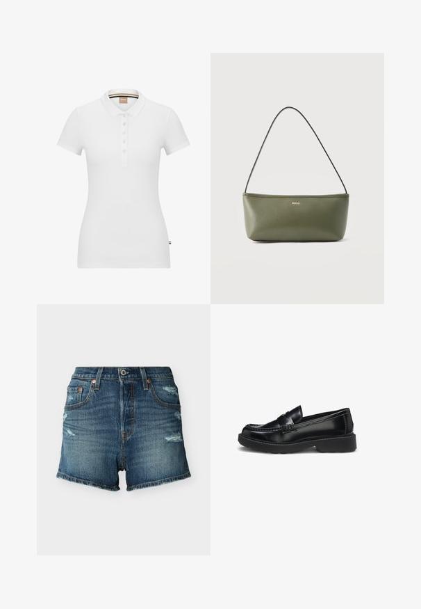 Weißes Poloshirt aus Baumwolle, mit kurzen Ärmeln, einem Kragen und einer Knopfleiste. Dezentes Markenlogo auf der Brust gestickt.; Blaue Jeansshorts mit Used-Optik, Knopf vorne, Gürtelschlaufen sowie Vorder- und Gesäßtaschen.; Schwarzer Leder-Slipper mit erhöhter, genähter Spitze, niedrigem Absatz und dicker Gummisohle, von der Seite vor weißem Hintergrund gezeigt.; Kleine rechteckige Schultertasche aus olivgrünem Leder mit dünnem Tragegurt und goldenem BOSS-Logo vorne in der Mitte.