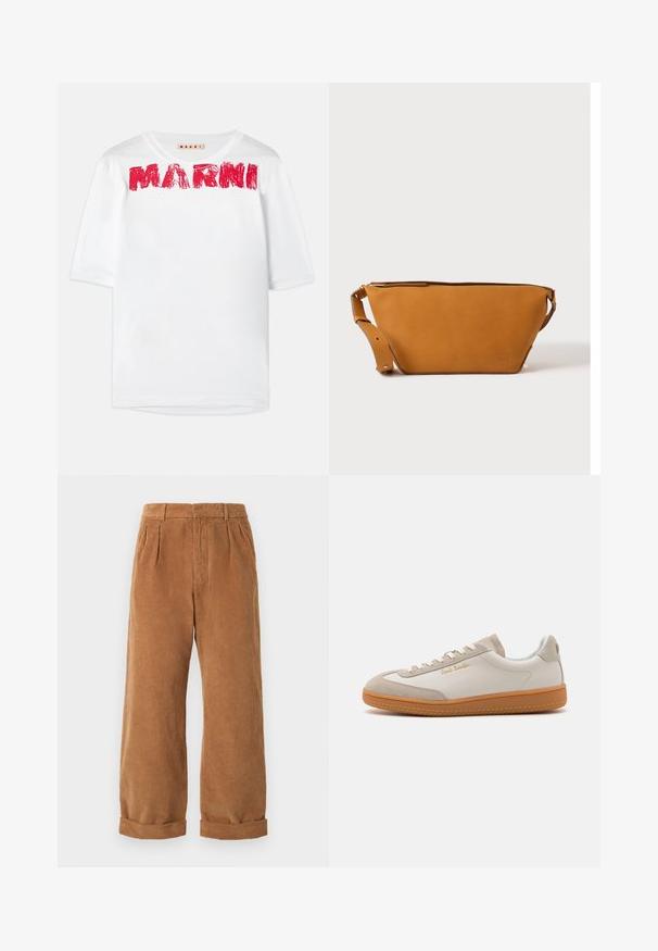 Witte t-shirt met korte mouwen en een wijde ronde hals, waarop het 'MARNI' logo in het rood gedrukt is, met een licht gestructureerde stof.; Bruine corduroy broek met een wijd model, voorzien van voorplooien en opgerolde zomen. De stof heeft een gestructureerd, geribbeld uiterlijk.; Witte en beige lage sneakers met een gumrubberen zool, witte veters, suède details en een gouden "Paul Smith" logo aan de zijkant.; Lichtbruine leren crossbodytas met verstelbare band en ritssluiting, getoond tegen een effen lichte achtergrond.