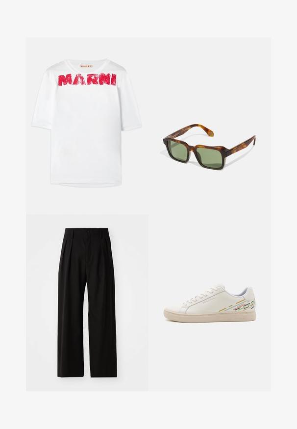 Witte t-shirt met korte mouwen en een wijde ronde hals, waarop het 'MARNI' logo in het rood gedrukt is, met een licht gestructureerde stof.; Zwarte wijde broek met een gladde textuur, voorzien van twee voorklokken, een knoopsluiting en zijzakken. Duurzaam materiaal.; Witte leren sneakers met een gladde textuur, voorzien van kleurrijke lijnpatronen op de hak en een beige rubberen zool.; Vierkante zonnebril met een schildpadprint montuur, groene lenzen en dikke pootjes. Kenmerkt zich door scherpe hoeken en een glanzende textuur. Verstelbare pasvorm.