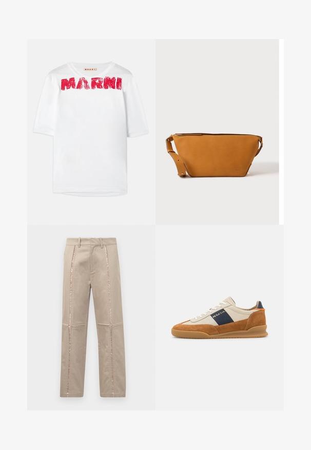 Witte t-shirt met korte mouwen en een wijde ronde hals, waarop het 'MARNI' logo in het rood gedrukt is, met een licht gestructureerde stof.; Beige broek met een rechte snit, voorzien van rose-gouden pailletten aan de zijkanten en subtiele gestikte details op de benen.; PS Paul Smith DOVER - Sneakers laag - cognac/off-white; Lichtbruine leren crossbodytas met verstelbare band en ritssluiting, getoond tegen een effen lichte achtergrond.