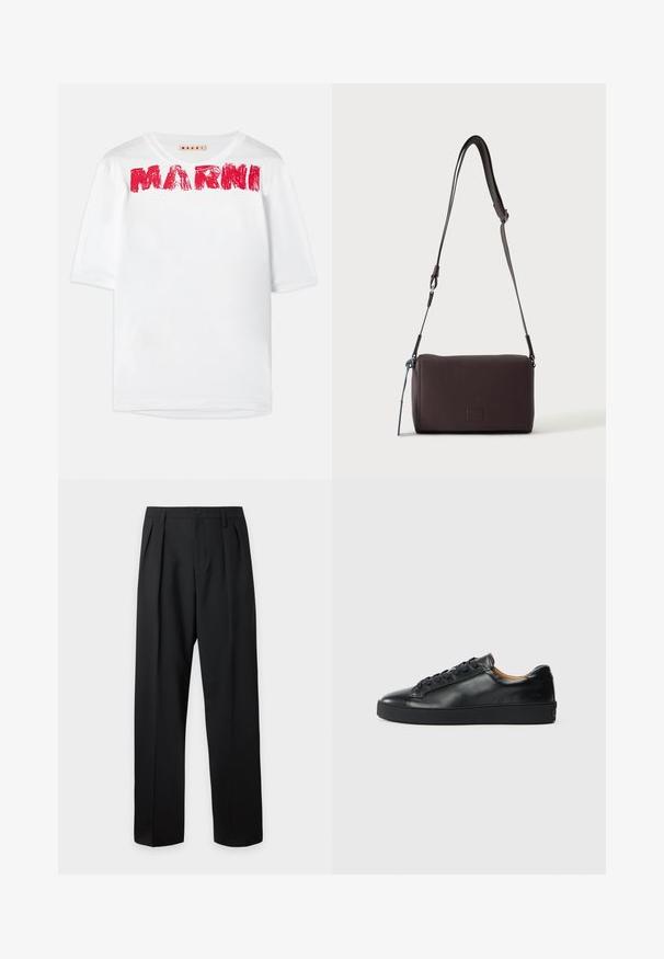 Witte t-shirt met korte mouwen en een wijde ronde hals, waarop het 'MARNI' logo in het rood gedrukt is, met een licht gestructureerde stof.; Zwarte, hoog getailleerde, op maat gemaakte broek met riemlussen, voorplooien, knoopsluiting en rechte, wijde pijpen op een lichte achtergrond.; Zwarte leren sneaker met een gladde textuur, ronde neus en vetersluiting. Heeft een dikke rubberen zool en minimale merkaanpassing.; Donkerbruine gestructureerde leren crossbodytas met verstelbare riem en klein decoratief blauw accent aan de zijkant.