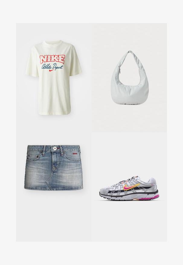 Hvid bomulds t-shirt med rød og blå "NIKE" logo med teksten "Just Do It" ovenover og "Athletic Depart." nedenfor, korte ærmer, rund hals.; Fadet blå jeans mininederdel med knapper foran, bæltestropper og lommer, der har diskrete slidmærker og rød "BDG" brodering på højre lomme.; Grå mesh løbesko med en karakteristisk pink og gul swoosh, sorte accenter og en tekstureret gummisål. Har forstærket tå og polstret krave.; Blød, lys grå hobo-taske lavet af syntetisk materiale. Har et enkelt polstret håndtag og en lynlåslomme på siden.