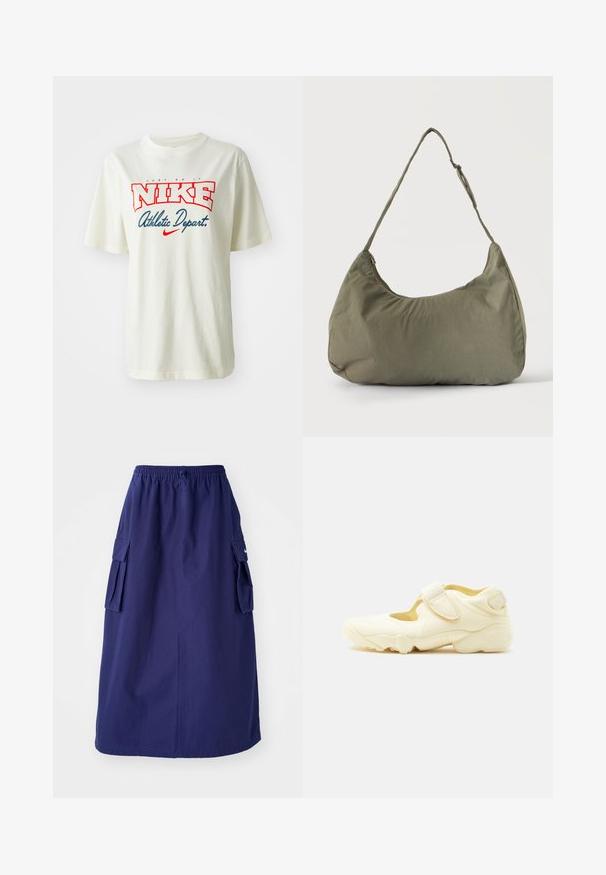 Hvid bomulds t-shirt med rød og blå "NIKE" logo med teksten "Just Do It" ovenover og "Athletic Depart." nedenfor, korte ærmer, rund hals.; Marineblå, mellemlang nederdel med elastisk talje, der har to sidelommer og et minimalistisk logodesign. Glat stofstruktur.; Beige sportssko med tyk sål, udskæringsdesign og to justerbare velcroremme på hvid baggrund.; Skuldertaske i blødt olivengrønt stof med lynlås og justerbar rem på ensfarvet, lyst baggrund.
