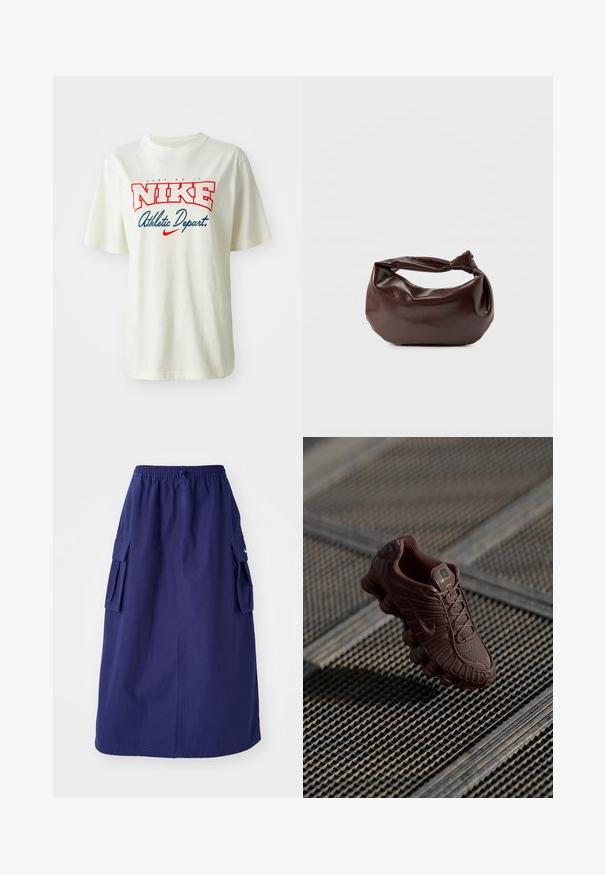 Hvid bomulds t-shirt med rød og blå "NIKE" logo med teksten "Just Do It" ovenover og "Athletic Depart." nedenfor, korte ærmer, rund hals.; Marineblå, mellemlang nederdel med elastisk talje, der har to sidelommer og et minimalistisk logodesign. Glat stofstruktur.; Brun Nike sneaker med tekstureret mesh-overdel, karakteristisk buet sål og polstret krave, vist mod en mønstret baggrund.; Mørkebrun læder skuldertaske med en blød, afslappet form og et snoet knudehåndtag på en ensartet hvid baggrund.