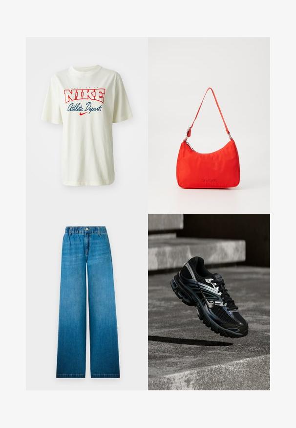 Biele bavlnené tričko s červeným a modrým logom "NIKE", s textom "Just Do It" nad ním a "Athletic Depart." pod ním, krátke rukávy, okrúhly výstrih.; Džínsy s širokými nohavicami vyrobené z svetlomodrého denimu, s elastickým pásom, zapínaním na gombík a rovnou strihovou konštrukciou s vybledlým efektom.; Čierno-strieborná bežecká topánka Nike vznášajúca sa nad betónovými schodmi, zobrazujúca detailný dizajn a textúrovanú podrážku v exteriéri.; Červená nylonová kabelka s oblúkovým siluetom, jedným popruhom, striebornými kovovými doplnkami a embosovaným logom na prednej strane. Hladký povrch.
