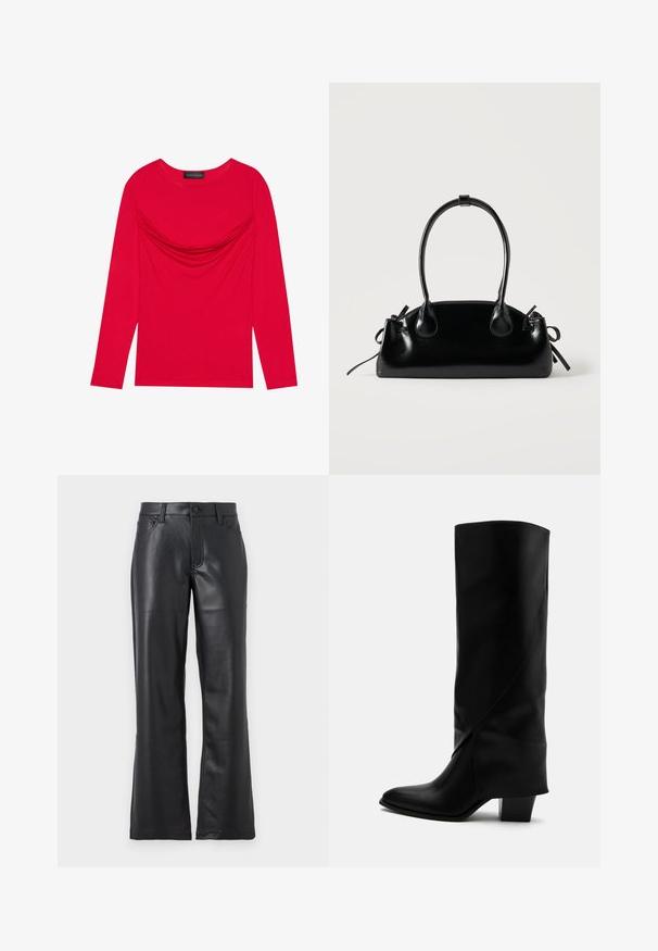 Haut à manches longues en coton rouge vif avec détail froncé au niveau du col et un col rond classique, présentant une silhouette ajustée.; Pantalon en cuir noir avec un design évasé, doté de poches avant, passants de ceinture et d'une fermeture à bouton. Texture lisse avec des coutures visibles.; Botte haute en cuir noir avec couture inclinée, bout pointu et talon épais de taille moyenne sur fond blanc.; Petit sac à main noir brillant avec deux longues anses et des détails à cordon sur les côtés sur un fond clair uni.