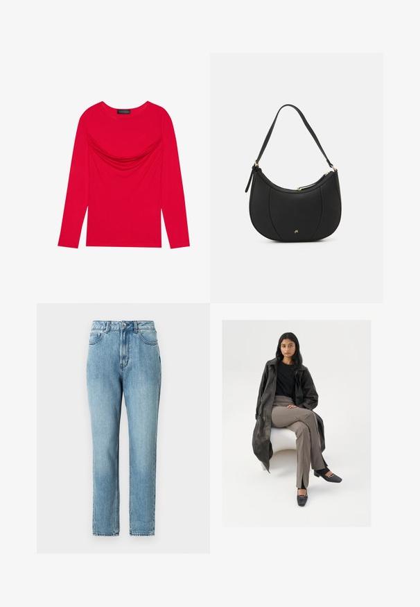 Haut à manches longues en coton rouge vif avec détail froncé au niveau du col et un col rond classique, présentant une silhouette ajustée.; TOM TAILOR DENIM Jean Mom - clean mid stone blue denim; Manteau trench en cuir noir, chemise noire, pantalon beige taille haute, chaussures noires à bout carré avec une boucle en argent, assis sur une chaise blanche.; Sac à main en cuir noir avec une forme courbée, surface texturée, coutures avant et un logo doré. Il est doté d'une seule sangle ajustable.