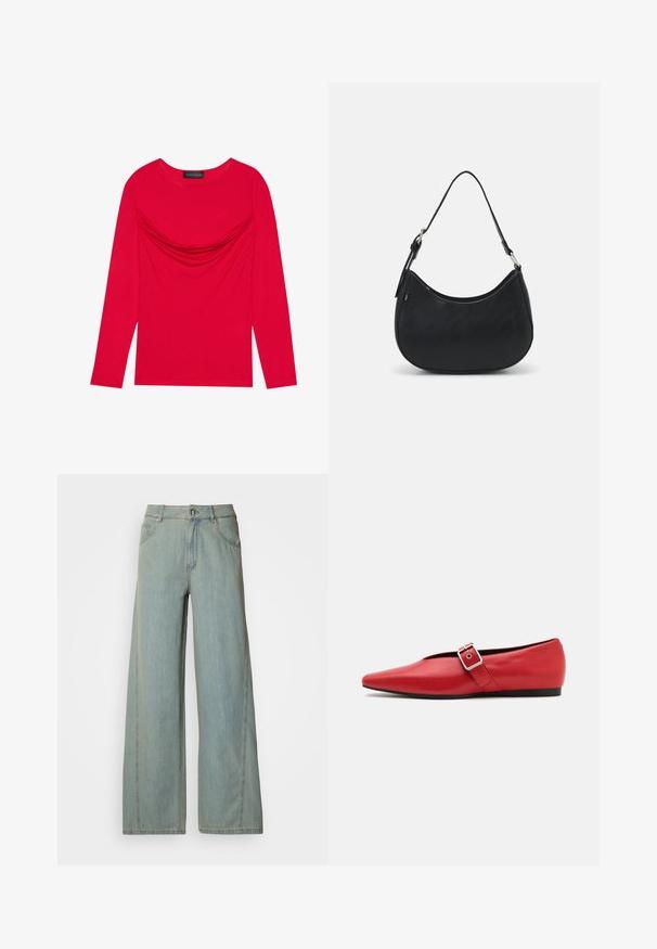 Haut à manches longues en coton rouge vif avec détail froncé au niveau du col et un col rond classique, présentant une silhouette ajustée.; Jeans large en denim bleu clair, dotés d'une fermeture avec bouton et zip, de cinq poches et de détails de couture contrastés.; Ballerine en cuir rouge avec une pointe pointue, comportant une lanière sur le côté avec une boucle en métal et un petit talon noir. Texture lisse sur l'ensemble.; Sac hobo noir en cuir lisse avec une silhouette arrondie, doté d'une seule sangle ajustable et de détails de design minimalistes.