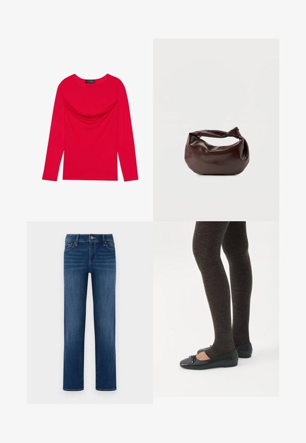 Haut à manches longues en coton rouge vif avec détail froncé au niveau du col et un col rond classique, présentant une silhouette ajustée.; Jeans en denim bleu, design à jambe droite, lavage moyen, cinq poches, fermeture à bouton et à fermeture éclair, couture visible, texture lisse.; Jambes portant des leggings côtelés foncés associés à des ballerines noires avec de petits détails en nœud sur fond blanc.; Sac bandoulière en cuir marron foncé avec une forme souple et décontractée et une anse nouée torsadée sur un fond blanc uni.