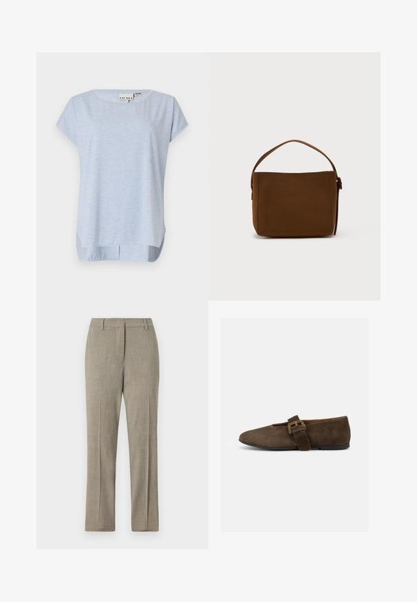 Top de manga corta azul claro, hecho de una tela suave, con un escote redondeado y un corte holgado; cuenta con aberturas laterales en el dobladillo.; Pantalones ajustados de color gris claro con una tela texturizada, diseño de pierna recta y una cinturilla clásica. Presenta un sutil detalle de rayas finas.; Zapato plano de ante marrón con tira ancha y hebilla dorada, puntera redondeada y suela baja negra, mostrado de perfil sobre fondo blanco.; Bolso de hombro rectangular marrón con un asa ancha y detalle de hebilla, sobre un fondo blanco liso.
