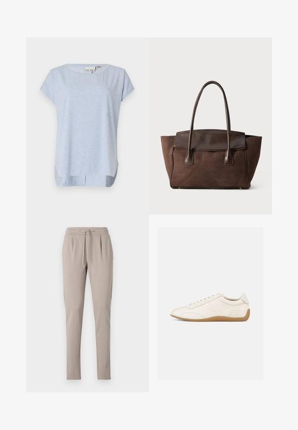 Top de manga corta azul claro, hecho de una tela suave, con un escote redondeado y un corte holgado; cuenta con aberturas laterales en el dobladillo.; Pantalones de chándal beige con cintura ajustable, piernas ajustadas y detalle de pliegues en la parte delantera. Fabricados con un material suave y ligero.; Zapatilla deportiva de cuero blanco con textura suave, punta redondeada y costuras tono sobre tono. Cuenta con una suela de goma color cuero y cierre de cordones.; Bolso tote de ante marrón con un diseño estructurado, acentos de cuero liso, asas alargadas y costuras en contraste sutil.