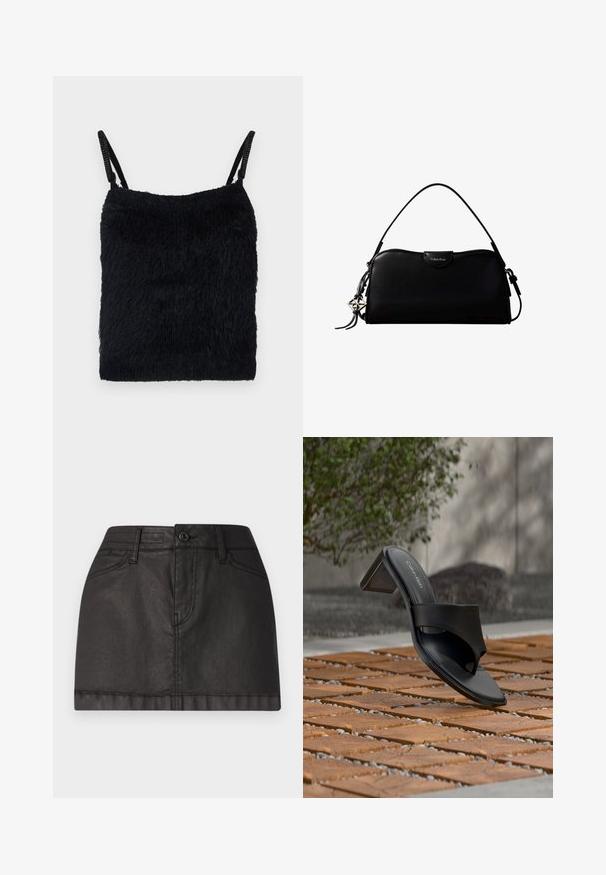 Sort fuzzy stof top med tynde stropper. Tekstureret overflade, firkantet form og let design. Enkel, monokrom farveskema.; Sort denim mini nederdel med frontknaplukning, bæltestropper og to forlommer. Glat overflade med subtil glans.; Sort Calvin Klein hælet sandal med tå-loop på trægulv udendørs nær et træ og en stenmur.; Sort rektangulær Calvin Klein håndtaske med enkelt toprem, sølvlogo vedhæng og lille klaplukning foran.