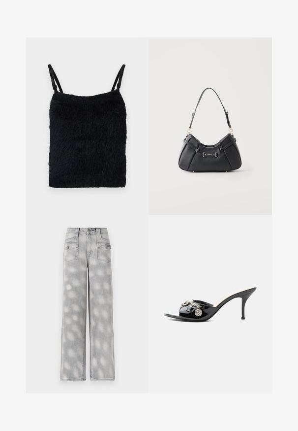 Sort fuzzy stof top med tynde stropper. Tekstureret overflade, firkantet form og let design. Enkel, monokrom farveskema.; Lys grå denim brede bukser med høj talje, fire lommer og et falmet mønster for en afslappet pasform.; Sort laklæder højt hælet mule med åben tå og dekorative sølvcharme inklusive en blomst og hængelås på frontstroppen.; Sort læder skuldertaske med guldfarvet hardware og Guess-logoplaket, med en enkelt rem og lynlåslukning i toppen.
