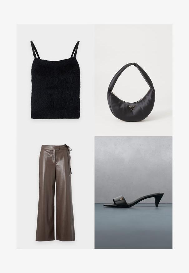 Haut en tissu noir duveteux avec des fines bretelles. Surface texturée, forme carrée et design léger. Schéma de couleur simple et monochromatique.; Pantalons larges en simili cuir marron avec taille haute et détail de lien sur le côté, sur fond blanc.; Sandale à talon ouverte en cuir noir avec un logo doré sur la bride, flottant au-dessus d'une surface extérieure carrelée avec de la verdure en arrière-plan.; Sac à main en satin noir avec une forme courbée, doté d'une fermeture à glissière et d'un logo triangulaire en métal à l'avant. Texture lisse et design épuré.