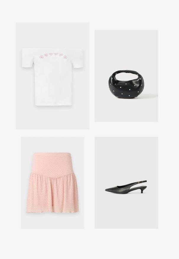 Camiseta blanca sin mangas de algodón, con un patrón de corazones rosas y el texto "CUTIES" en una fuente divertida en el pecho.; Minifalda rosa claro con textura, cintura ancha y detalle de tela fruncida sobre un fondo liso.; Zapato de tacón slingback negro de punta afilada, hecho de cuero suave. Presenta un tacón delgado y un detalle de hebilla en la correa ajustable.; Bolso de mano de cuero negro con forma redondeada, decorado con detalles de tachuelas plateadas y un asa corta. Textura lisa y cierre con cremallera.