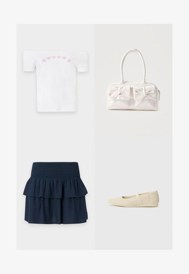 Camiseta blanca sin mangas de algodón, con un patrón de corazones rosas y el texto "CUTIES" en una fuente divertida en el pecho.; Minifalda azul marino con cinturilla ancha fruncida y detalle de volantes superpuestos en la parte superior.; Bailarinas beige con un exterior de cuero liso, punta en forma de almendra y una correa elástica en el empeine, con detalles de costura sutiles.; Bolso sintético blanco con dos bolsillos delanteros, cada uno con un detalle de lazo atado. Textura suave, asas redondeadas y cierre de cremallera.