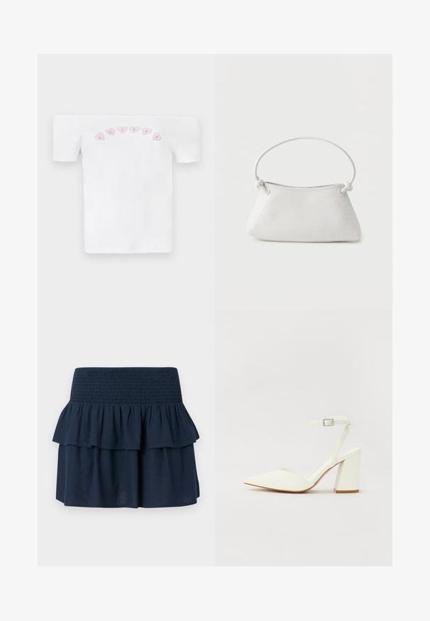Hvid off-shoulder t-shirt lavet af bomuld, med et rosa hjerte mønster og teksten "CUTIES" i en legesyg skrifttype hen over brystet.; Marineblå mininederdel med bredt smocked taljebånd og lagdelte flæsedetaljer øverst.; Hvide hælede sandaler med spids tå, justerbar ankelrem og en kraftig firkantet hæl. Glat tekstur med minimale syninger.; Hvid fletlæderhåndtaske med afrundet håndtag og ender på remmen, der er knyttet, vist mod en ensfarvet baggrund.