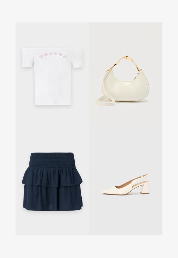 Hvid off-shoulder t-shirt lavet af bomuld, med et rosa hjerte mønster og teksten "CUTIES" i en legesyg skrifttype hen over brystet.; Marineblå mininederdel med bredt smocked taljebånd og lagdelte flæsedetaljer øverst.; Slingback-pumpe i blank cremefarvet laklæder, med spids snude og kraftig firkantet hæl for stabilitet. Minimalistisk design uden pynt.; Kremfarvet håndtaske i halvmåneform med skinnende guld kort hank og matchende lang rem på en ensfarvet lys baggrund.