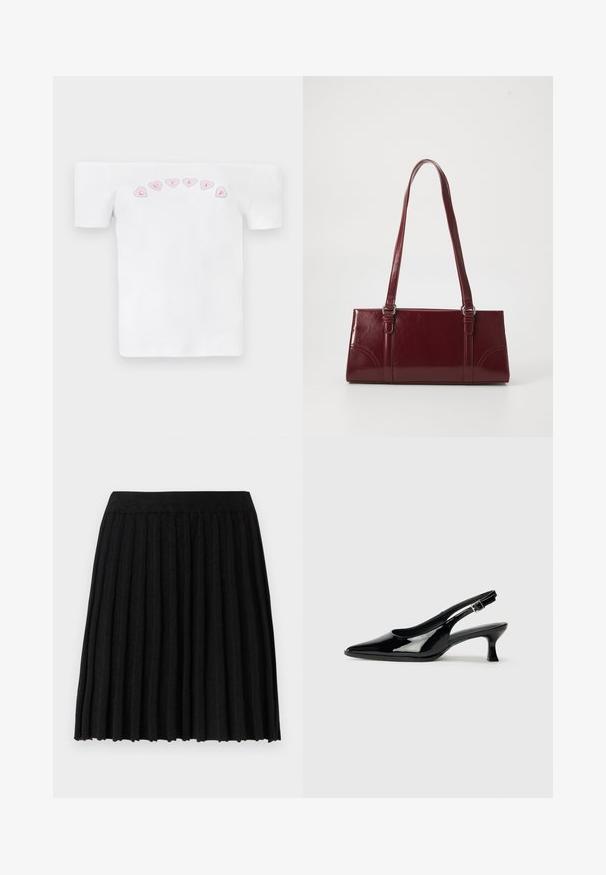 Witte off-shoulder t-shirt van katoen, met een roze hartpatroon en de tekst "CUTIES" in een speelse lettertype op de borst.; Vero Moda Knitted VMMARINA Short - Minirok - black; Zwarte lakleren slingback schoenen met een spitse neus en een lage blokhak. Verstelbare gespband bij de enkel.; Bourgondische handtas van glanzend materiaal, rechthoekige vorm, met twee schouderbanden en subtiele gebogen accenten aan de voorkant.