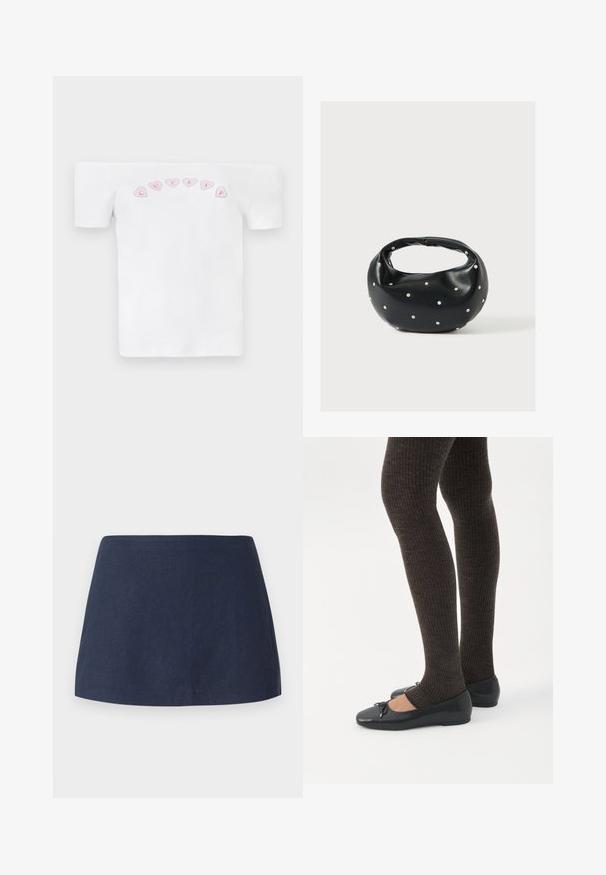 Camiseta blanca sin mangas de algodón, con un patrón de corazones rosas y el texto "CUTIES" en una fuente divertida en el pecho.; Falda corta en línea A de color azul oscuro, hecha de una tela texturizada y ligera, con una cintura suave y sin patrones ni adornos.; Piernas con leggings oscuros acanalados combinados con bailarinas negras que presentan pequeños detalles de lazo sobre un fondo blanco.; Bolso de mano de cuero negro con forma redondeada, decorado con detalles de tachuelas plateadas y un asa corta. Textura lisa y cierre con cremallera.