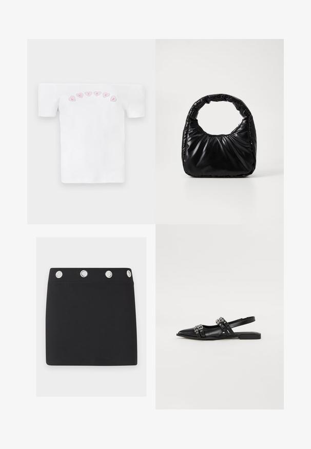 Camiseta blanca sin mangas de algodón, con un patrón de corazones rosas y el texto "CUTIES" en una fuente divertida en el pecho.; Minifalda negra con cinturilla ancha que presenta cuatro grandes ojales metálicos plateados, espaciados uniformemente en el borde superior.; Even&Odd by Zalando Bailarinas con tira trasera - black; Bolso negro acolchado con un asa redondeada, que presenta una superficie lisa y brillante y una textura suave y acolchada. Sin herrajes ni acentos visibles.