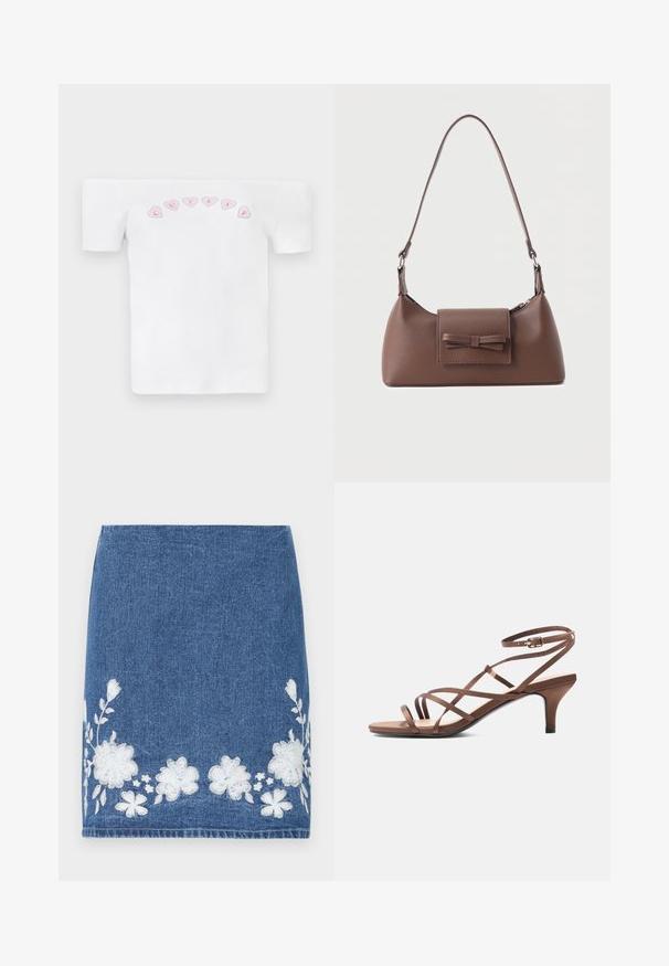 Camiseta blanca sin mangas de algodón, con un patrón de corazones rosas y el texto "CUTIES" en una fuente divertida en el pecho.; Falda de mezclilla en azul oscuro con bordado floral blanco en el bajo. Corte recto con un acabado limpio. Sin hardware ni acentos visibles.; Sandalia marrón con tiras finas, hebilla en el tobillo y tacón de altura media, vista lateral sobre un fondo blanco.; Bolso bandolera de cuero marrón con un bolsillo frontal de solapa que presenta un detalle de moño cosido y una correa ajustable.