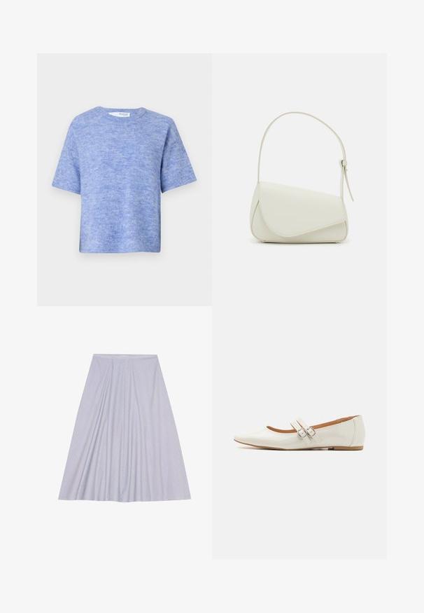 Lichtblauwe trui met korte mouwen, gemaakt van zachte, gestructureerde stof. Heeft een ronde halslijn en een relaxte pasvorm, met minimale details.; Anna Field by Zalando A-lijn rok - blue/white; Witte patenten leren ballerina's met een puntige neus, twee decoratieve banden met zilveren gespen en een subtiele bruine zool.; Witte nepleren handtas met een gestructureerde driehoekige vorm, een enkele verstelbare schouderriem en een klep met ronde accenten.
