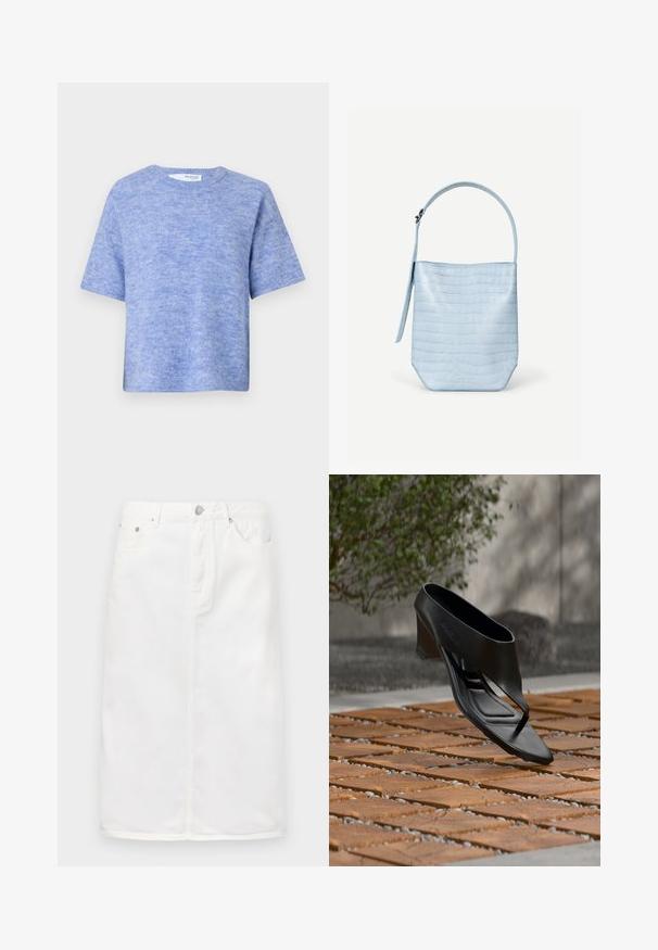 Lyseblå kortærmet sweater lavet af blødt, struktureret stof. Har en rund halsudskæring og en afslappet pasform med minimal detaljer.; Hvid denimnederdel med lynlås foran, fem lomme-design og lige silhuet med stikninger.; Sort højhælet sandal med thongsrem, svævende over et mønstret træ- og grusbelagt udendørsareal med sløret grønt område og væg i baggrunden.; Lyseblå håndtaske med krokodillestruktur, rektangulær form, enkelt topstrop, og en sideophængt rem på en ensartet hvid baggrund.