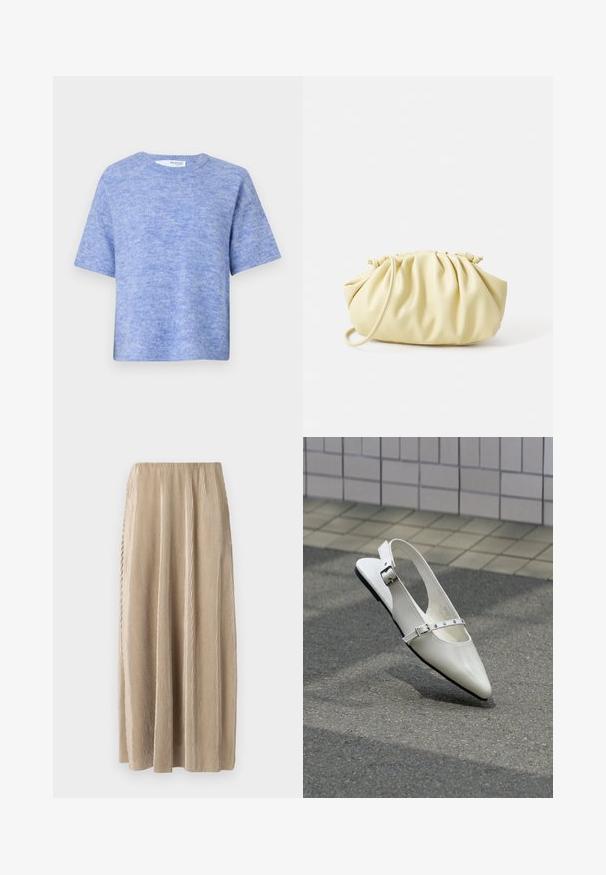 Lyseblå kortærmet sweater lavet af blødt, struktureret stof. Har en rund halsudskæring og en afslappet pasform med minimal detaljer.; Plisseret beige midi-skjørt med elastisk talje, der har lodrette striber og en flydende silhuet for nem bevægelse.; Hvid spids slingback flad sko med to sølvspænder, vist udendørs på tekstureret underlag og flisebelagt væg baggrund.; Gul plisseret håndtaske lavet af glat kunstlæder, med en blød form, en enkelt skulderrem og samlet topdesign.