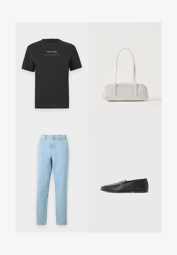 Μαύρη βαμβακερή μπλούζα T-shirt με στρογγυλή λαιμόκοψη, κοντά μανίκια και λευκό εκτυπωμένο λογότυπο "Calvin Klein" καθώς και κείμενο "Established 1968".; Ανοιχτό μπλε τζιν παντελόνι με κανονική γραμμή, σχέδιο πέντε τσεπών και κλείσιμο με κουμπί. Διαθέτει διακριτική φθορά και απαλό υλικό.; Μαύρα δερμάτινα μοκασίνια με απαλή υφή, στρογγυλεμένη μύτη και λεπτομέρειες διακριτικής ραφής. Διαθέτει χρυσό λογότυπο στη πάνω πλευρά.; Λευκή ορθογώνια τσάντα ώμου με μακριά λεπτές τιράντες, ελάχιστη ραφή και κλείσιμο με φερμουάρ σε απλό φόντο.