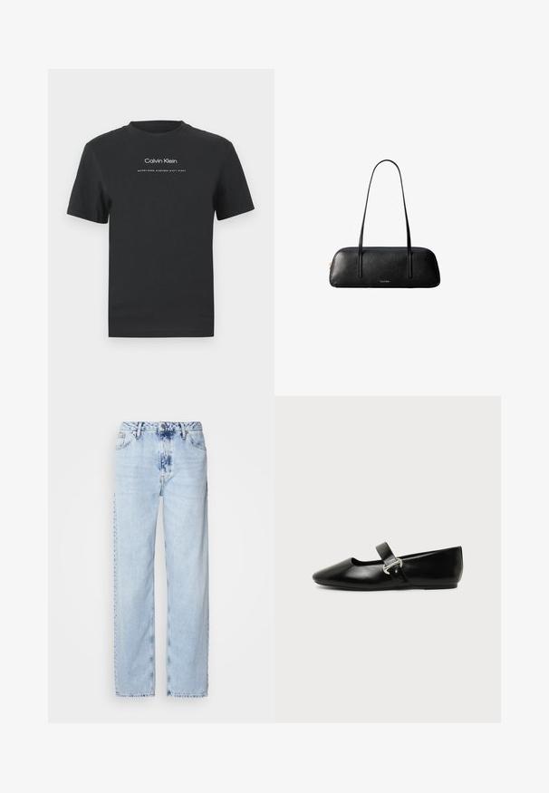 Μαύρη βαμβακερή μπλούζα T-shirt με στρογγυλή λαιμόκοψη, κοντά μανίκια και λευκό εκτυπωμένο λογότυπο "Calvin Klein" καθώς και κείμενο "Established 1968".; Ανοιχτό μπλε παντελόνια με φαρδύ καβάλι από τζην, με υψηλή μέση, ξεθωριασμένο πλύσιμο και διακριτό σχέδιο tie-dye μπροστά.; Μαύρο δερμάτινο παπούτσι Mary Jane με επίπεδη σόλα, στρογγυλεμένη μύτη και ασημένια αγκράφα σε απλό φόντο.; Μαύρη ορθογώνια δερμάτινη τσάντα χειρός με μακριά λεπτά λουριά και χρυσό λογότυπο "Calvin Klein" στο κέντρο μπροστά.
